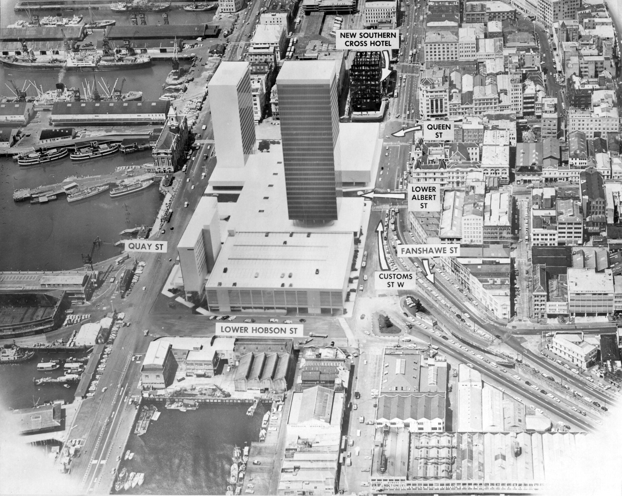 The Auckland waterfront, showing the Auckland Harbour Board Downtown Scheme. Whites Aviation Ltd Photograph. Ref: WA-66196-F. Alexander Turnbull Library, Wellington, New Zealand. /records/23236356